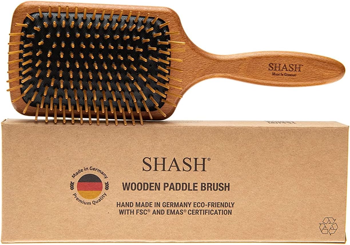 SHASH Wooden Paddle Brush - Wet or Dry Detangling Paddle Hairbrush for All Hair Types, Eco Sourced Wood and Wood Bristles, Made in Germany
