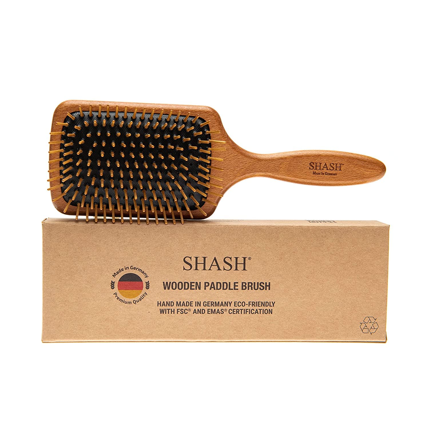 SHASH Wooden Paddle Brush - Wet or Dry Detangling Paddle Hairbrush for All Hair Types, Eco Sourced Wood and Wood Bristles, Made in Germany