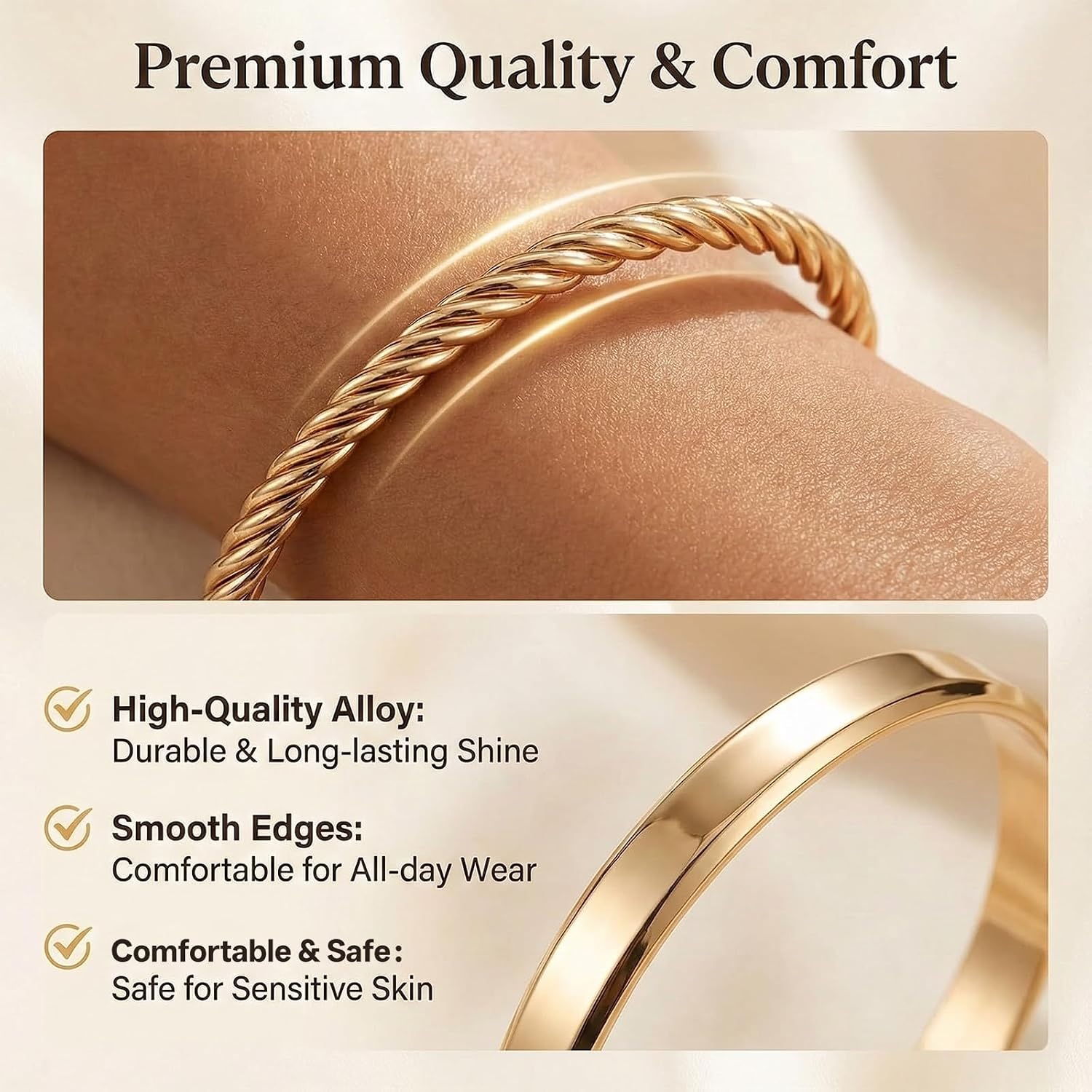 TIESOME 7 PCS Golden Bangles for Women, Gold Plated Multi Layer Stackable Open Bracelet Set Fashion Elegance Minimalist Textured Boho Jewelry Gift for Women Non Tarnish