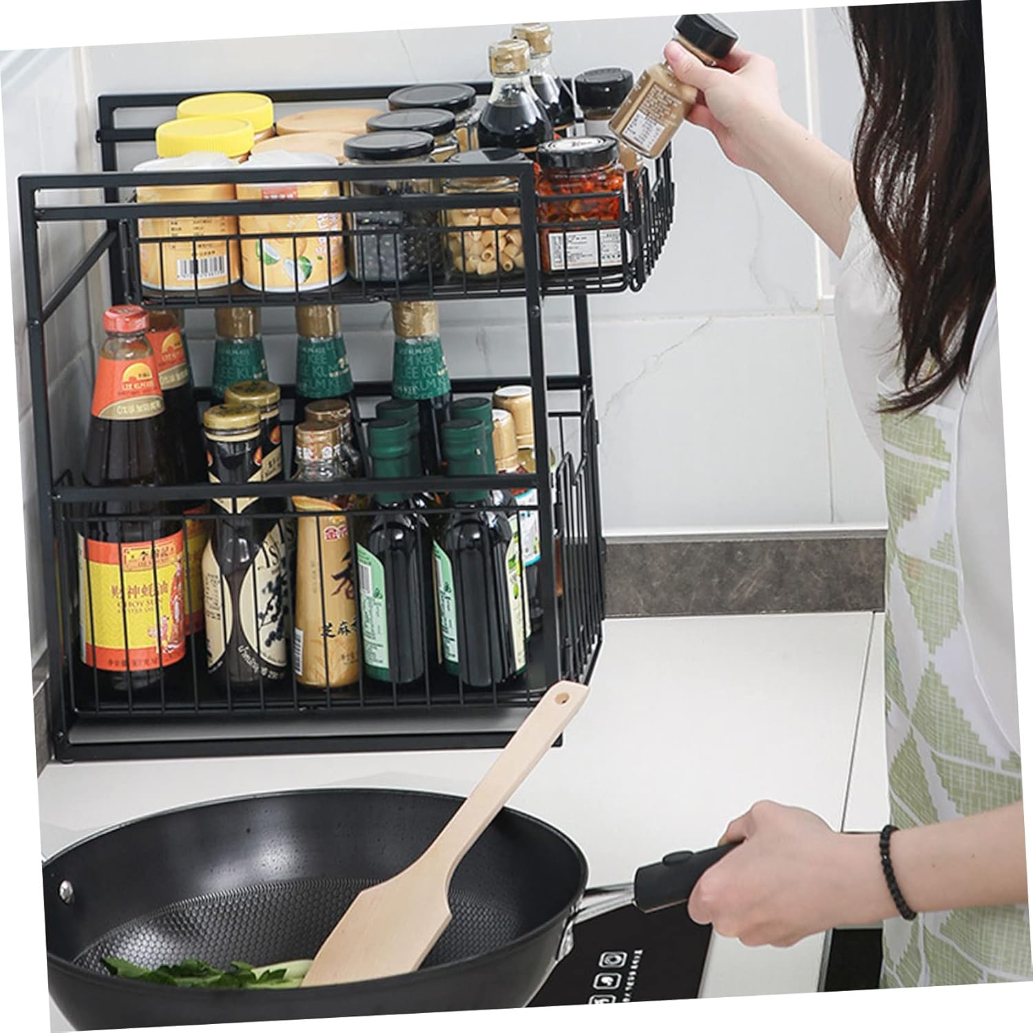 ABOOFAN Multi-functional Kitchen Spice Storage Rack Sliding Drawer 3-Tier Iron Organizer for Countertop Under Sink and Pantry Black