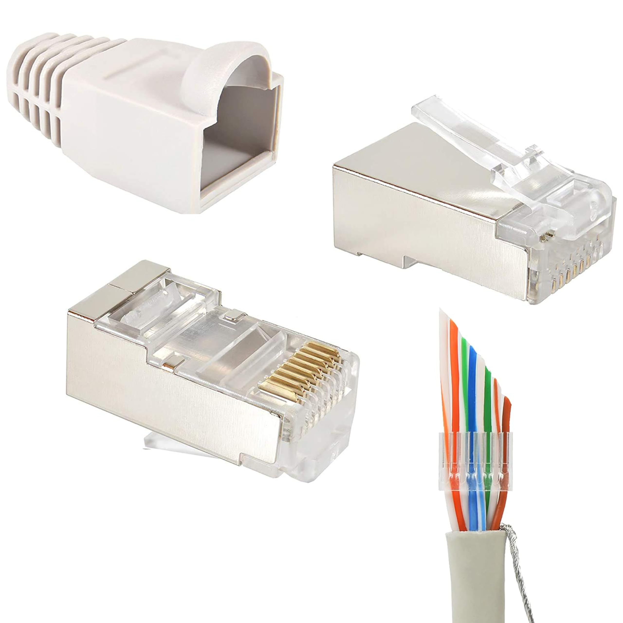 20 Stück RJ45 Stecker CAT 6 STP Netzwerkstecker geschirmt für CAT6 CAT5e CAT6A Netzwerkkabel Verlegekabel AWG 24-27, für CAT7 Patchkabel AWG 27, Adern Ø 0,9-1,1 mm Ethernet LAN Kabel, grau