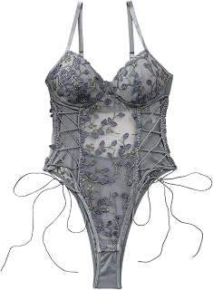 Women Sexy Lace Up Floral Embroidered Teddy Lingerie Bodysuit Top Mesh Sheer One Piece