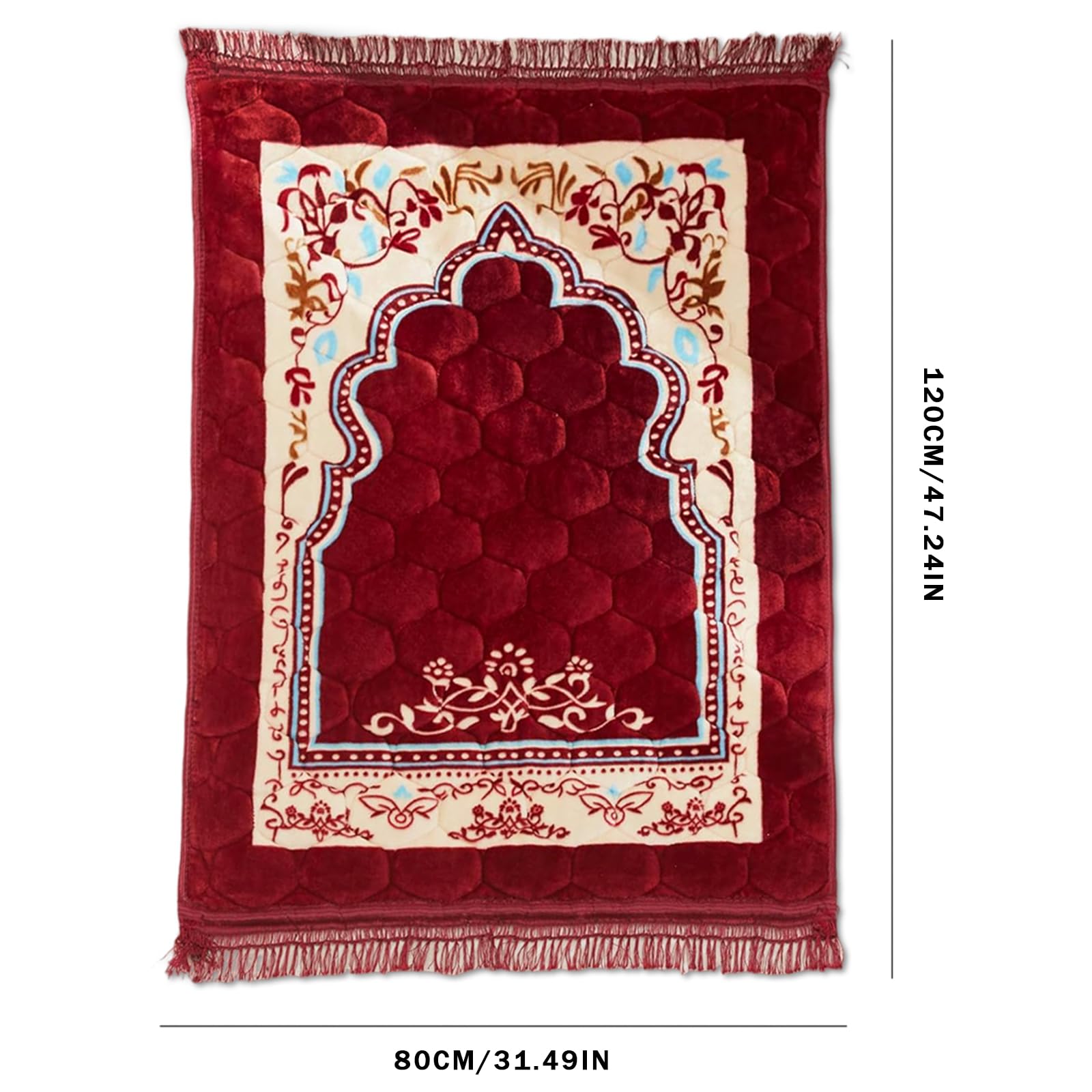 Tappeto da Preghiera Musulmano Rosso Imbottito Spesso,80x120cm | Tappeto da Preghiera in Flanella con Frange,Morbido Janamaz,Sajadah Islamico,Regalo Ramadan Eid Mubarak,per l'Eid,Ramadan