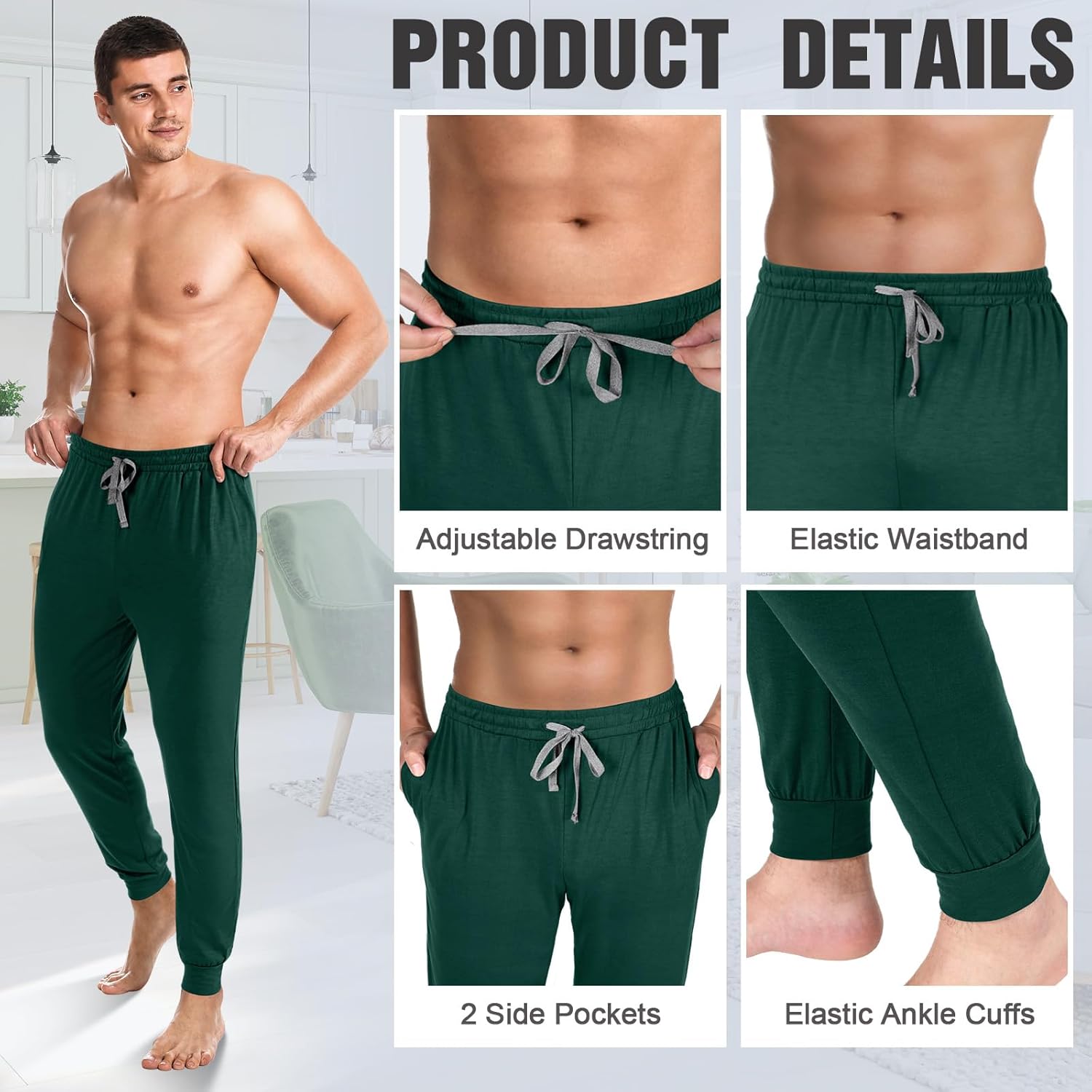 3 Pack Mens Cotton Sleepwear Pajamas Pants with Pockets, Soft Drawstring Lounge Bottoms Pjs for Men - Image 3