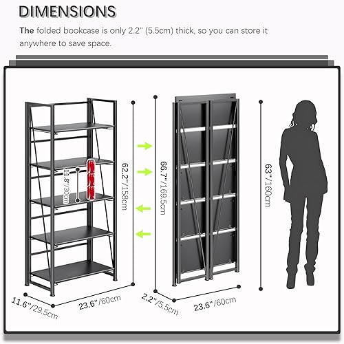 Miniatura 2 de 4NM No Assembly Folding Bookshelf, 5-Shelf 62.2" H Collapsible Foldable Bookcase Storage for Small Spaces, All Black Marrón rústico y negro,Todo