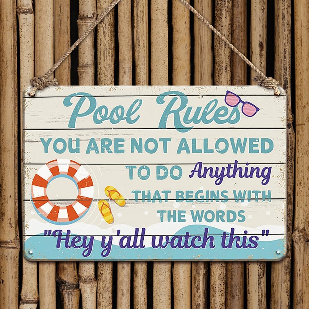 Pool Decorations Outdoor Pool Decor Pool Rules Signs, Swimming Pool Accessories Pool Signs for Outside Vintage Metal Sign for Beach, Patio, Porch, Home, Bar, Pool Deck, and Backyard Walls, 12x8 Inches
