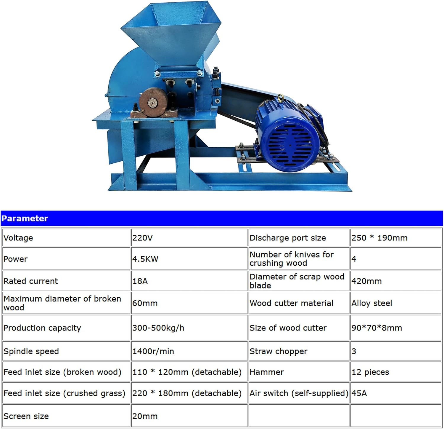 220V Double Inlet Wood Crusher Sawdust And Branch Crusher for landscaping Wood Processing and Furniture Manufacturing 4.5KW