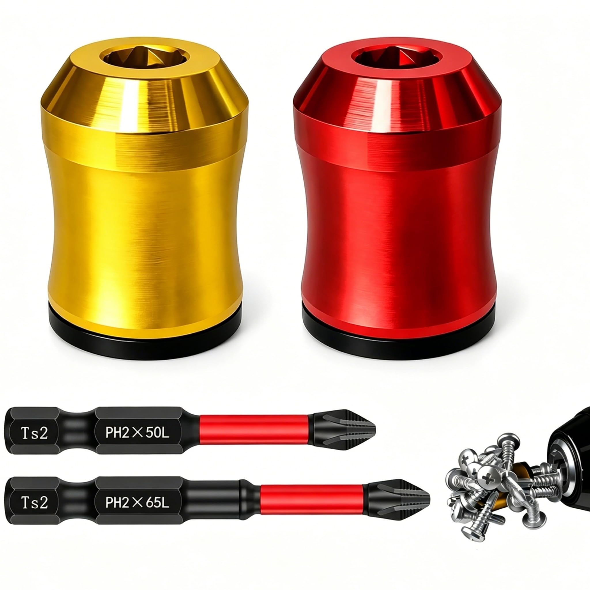 Mitibet Magnetic Screwdriver Bit Set, 4 Pcs Drill Screw Ring Holders, Removable Metal Collar, Hex Shank PH2 Anti Slip Tool, 2 Positioning Rings, 2 S2 Steel Bits