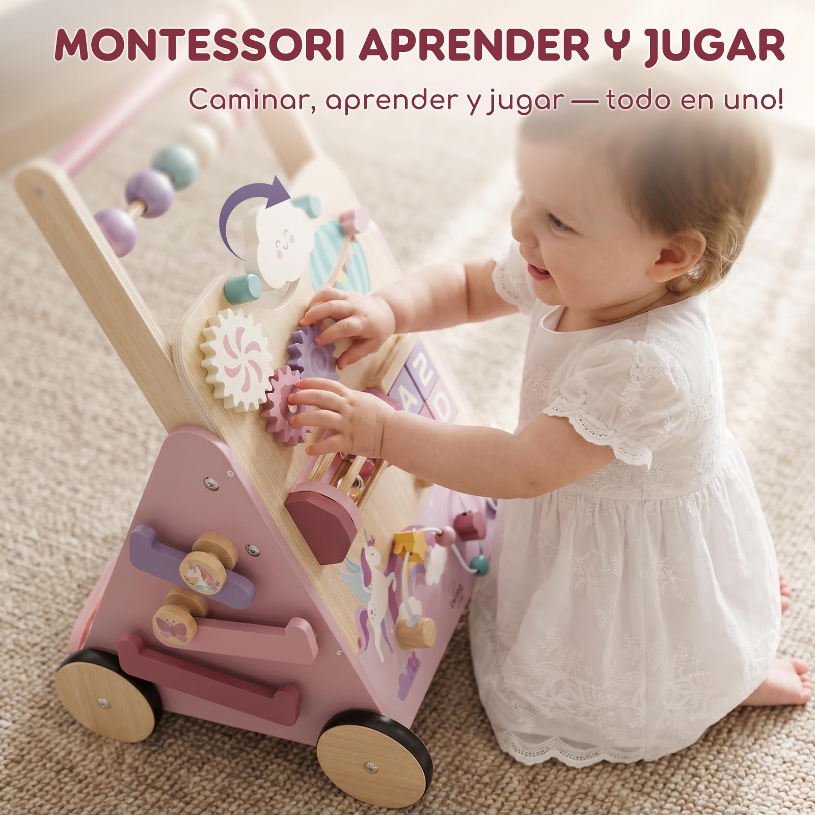 Lehoo Castle Andador Bebes de Madera, Caminador Bebé Unicornio | Freno Ajustable, Unicornio Rosa, Centro de Actividades 10 en 1, Juego Educativo Montessori, Regalo Bebé Niña 1 Año