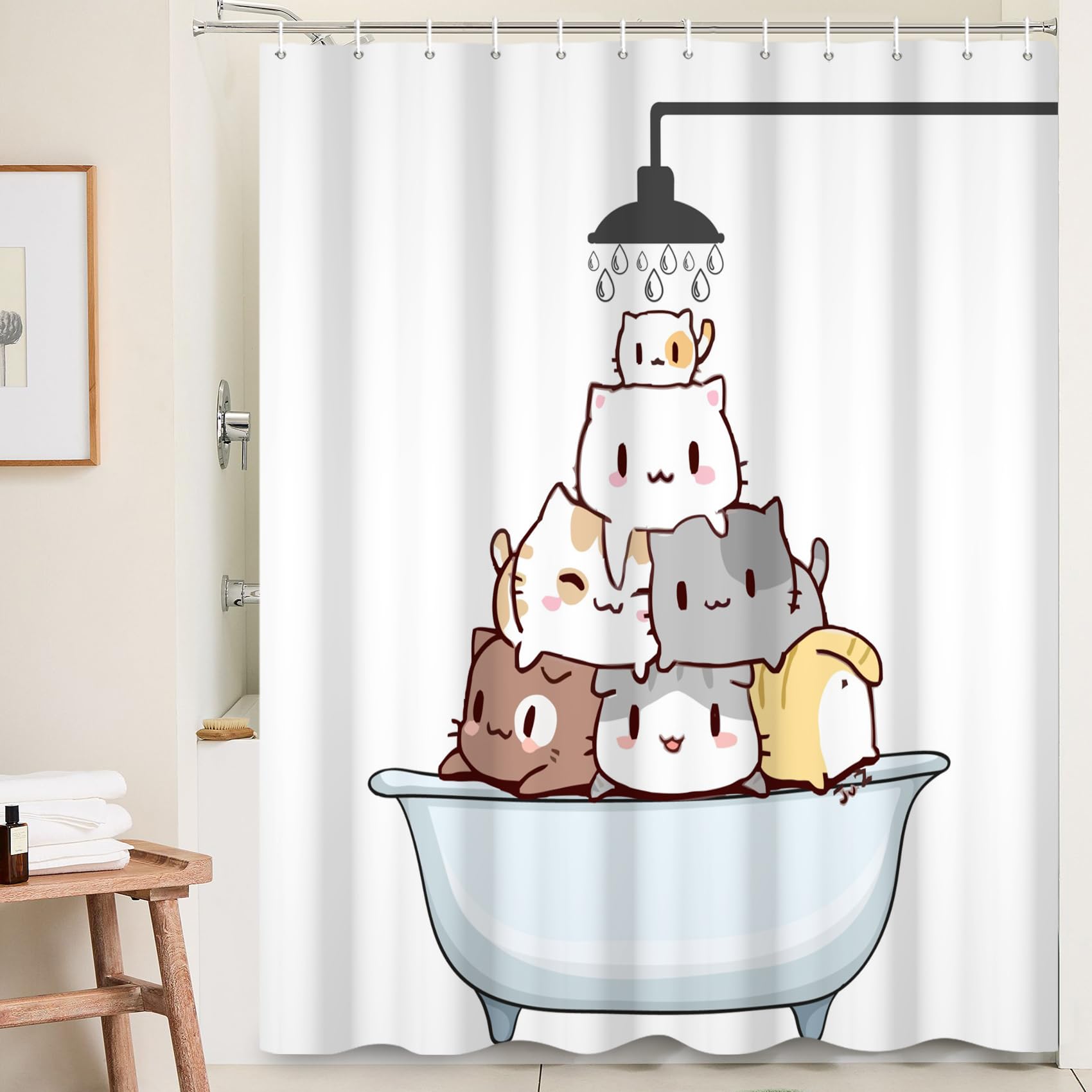 Tenda Da Doccia Con Gatto Floreale Colorato - Tessuto Morbido Con Ganci, Decoro Bagno Originale - 3