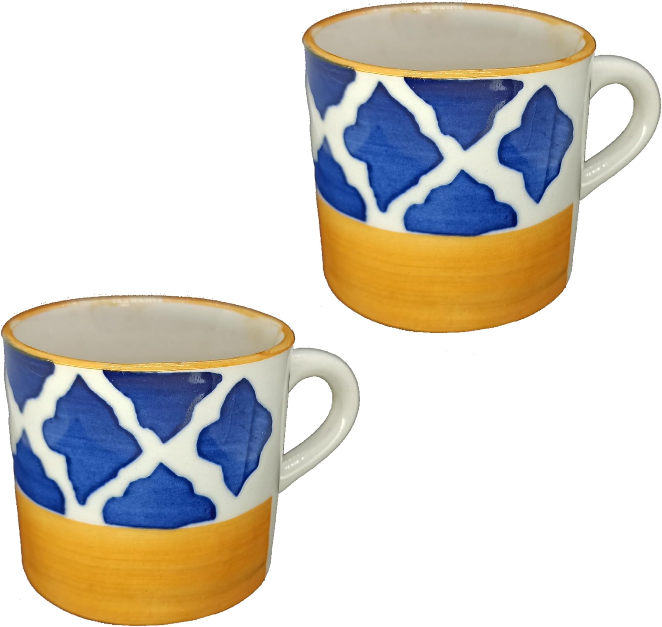 Tea Cup Ceramic Small | Tea,Coffee and Milk Cup Ceramic | Ceramic Mug Ceramic Set | Ceramic Coffee Mug with Blue Lattice Pattern, Yellow Base, Gold Rim, 120 ml per Cup (Count of 2)