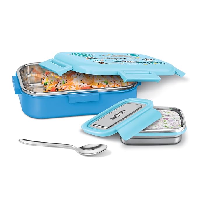 MILTON Hugo Inner Steel Tiffin Box for School with Stainless Steel Container PU Insulated, Food Grade Lunch Box with Snap Lock Lid for Kids, 700 ml, Light Blue