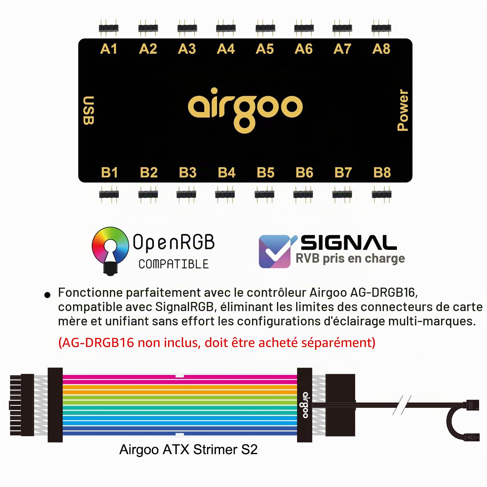 airgoo Câble d'extension ARGB 24 broches, câble d'extension d'alimentation RVB adressable avec tube en silicone souple diffusé par LED, pour Corsair Commander Core XT, pour Corsair Lighting Node Pro,