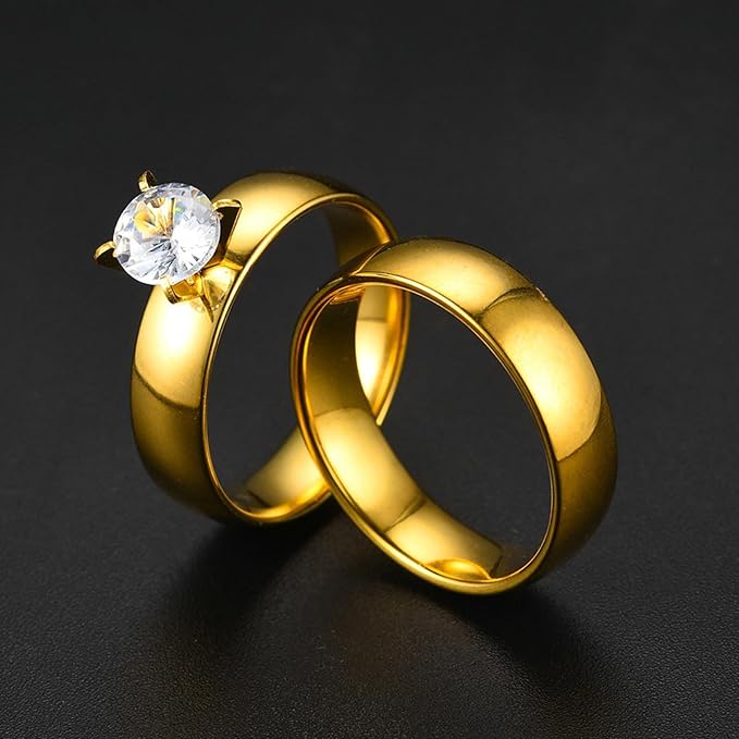 Bishilin Trouwringen, paar roestvrij staal, trouwringen, 6 mm, hoogglanzend gepolijst, met zirkonia, partnerringen, verlovingsringen voor hem en haar, maat 52 (16,6-70), Damen Gr.57 (18.1) & Herren