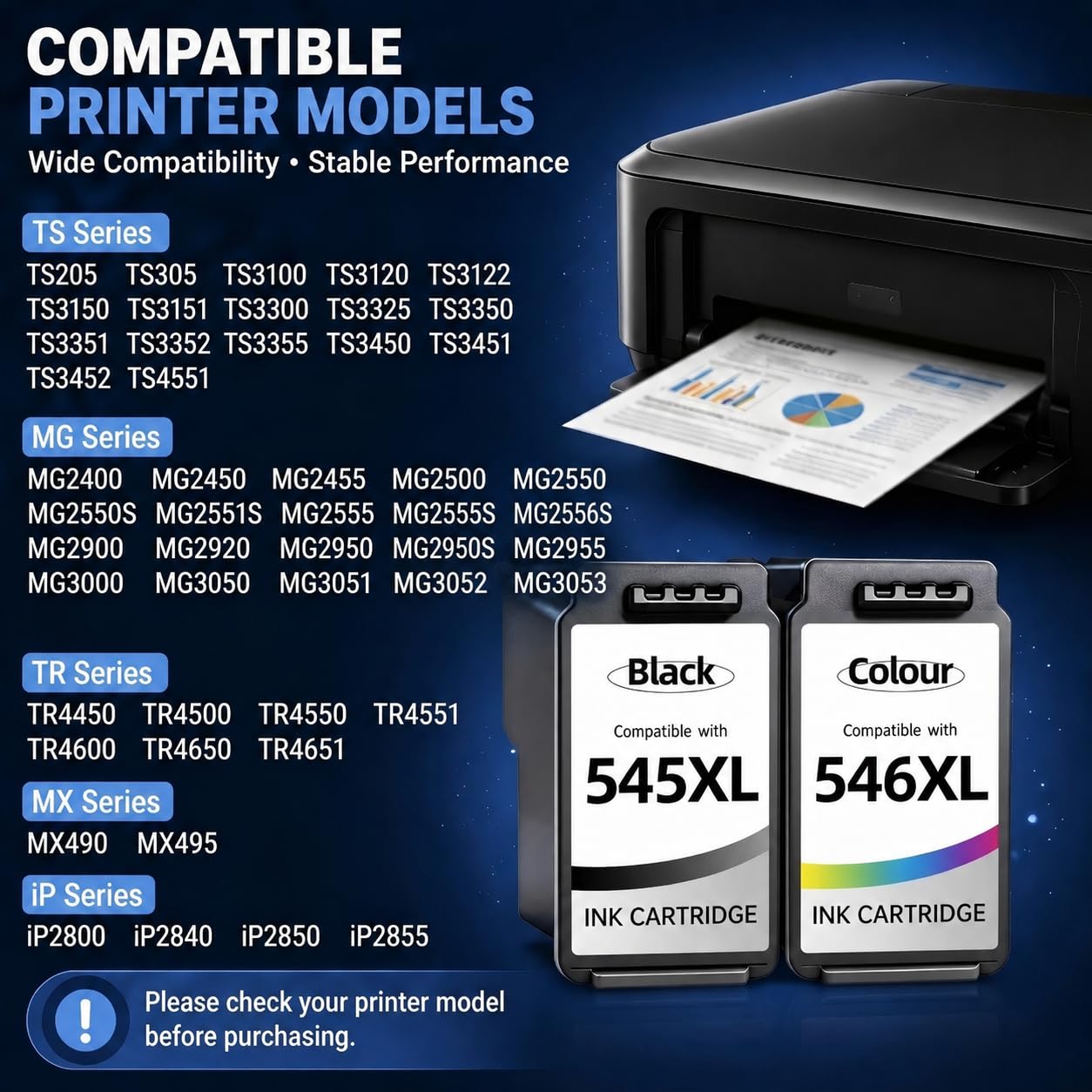 545XL 546XL Ink Cartridges Replacement for Canon 545 546 Ink Cartridges for PG545 Black CL546 Colour for Pixma TS3350 TS3355 TS3300 TS3150 MG2551S TR4550 TR4650 TR4551 MX495 iP2850 Printers (2 Pack) — view 2