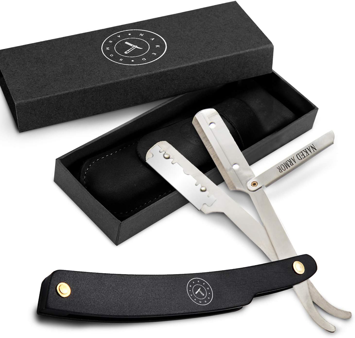 Best Shavette Straight Razor - Replaceable Blade Razor, Great For Beginners, Hygenic & Easy Care. No Stropping or Honing. Power Steel Handle. Close Shave Every Time. Leather Case, Starter Blade