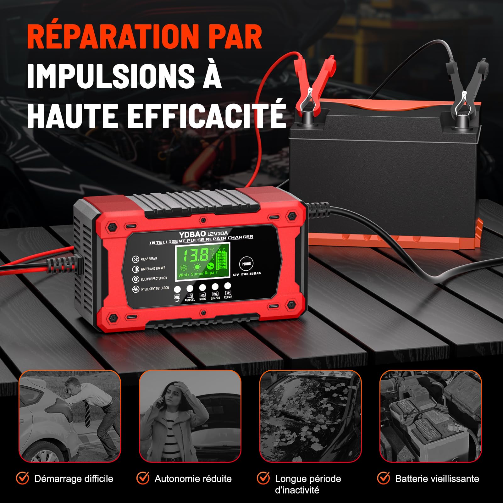 YDBAO Chargeur Batterie Voitures 10A 12V LiFePO4 Chargeur de Batterie Moto Auto Intelligent avec Réparation Écran LCD Mode Protection pour Voiture Moto Camion AGM Gel Wet SLA LiFePO4