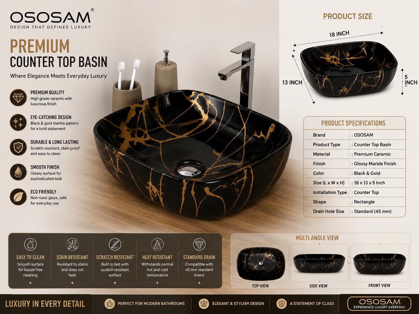 OSOSAM Tabletop Wash Basin For Bathroom | Ceramic Glossy White Countertop Washbasin | Vessel Sink For Hotel, Dining Hall, Vanity | 18 x 13 x 5.5 Inches (MS-144) 1