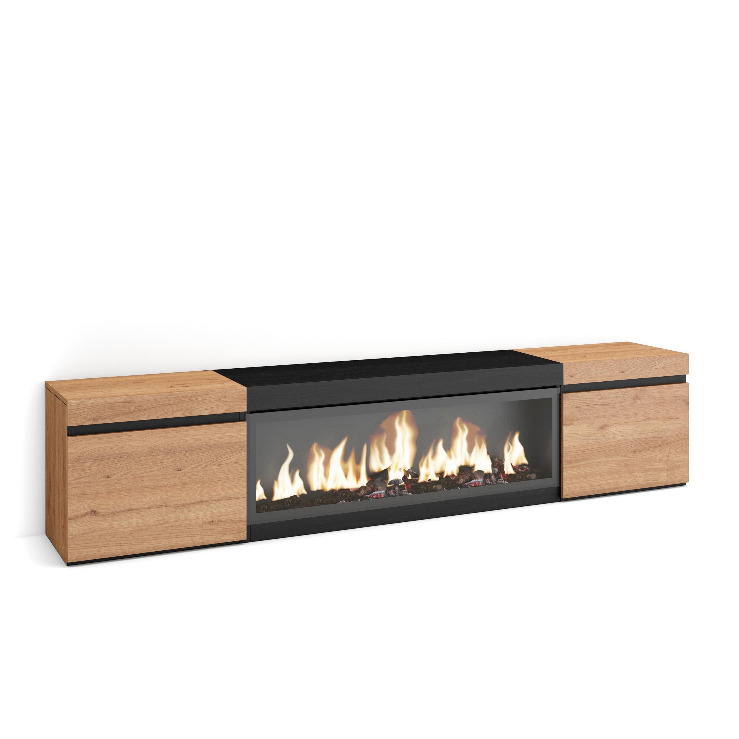 Skraut Home | Mueble TV | Televisión | Muebles de salón, almacenaje | 210 | para TV hasta 80" | Chimenea eléctrica XXL | Estilo Moderno | Roble y Negro