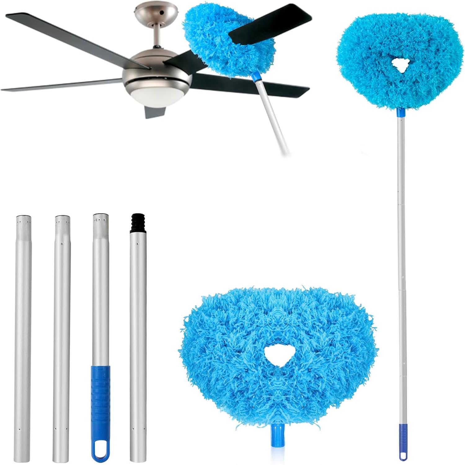Funito Ceiling Fan Cleaner Duster Reusable Microfiber Ceiling Fan Blade Cleaner Removable Duster with Extension Pole Adjusts 43 to 144cm for Cleaning Walls Bookshelves Furniture Door Window Top
