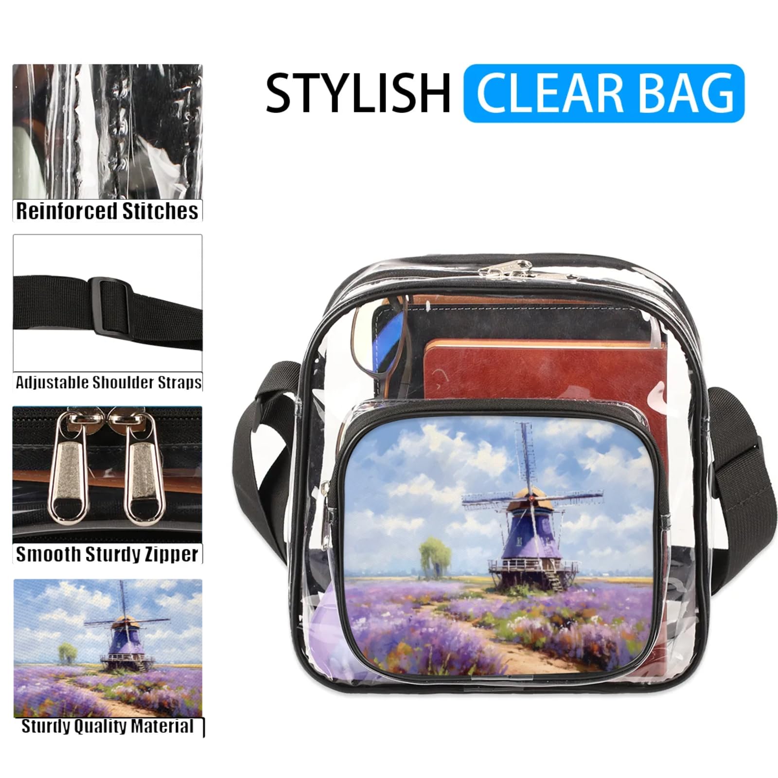 Clear Crossbody Bag Stadium Approved Windmill Transparent Bag for Festivals, Sports Events, Concerts,Beach Bag for Women Men Clear Purse with Front Pocket Messenger Bag with Adjustable Strap
