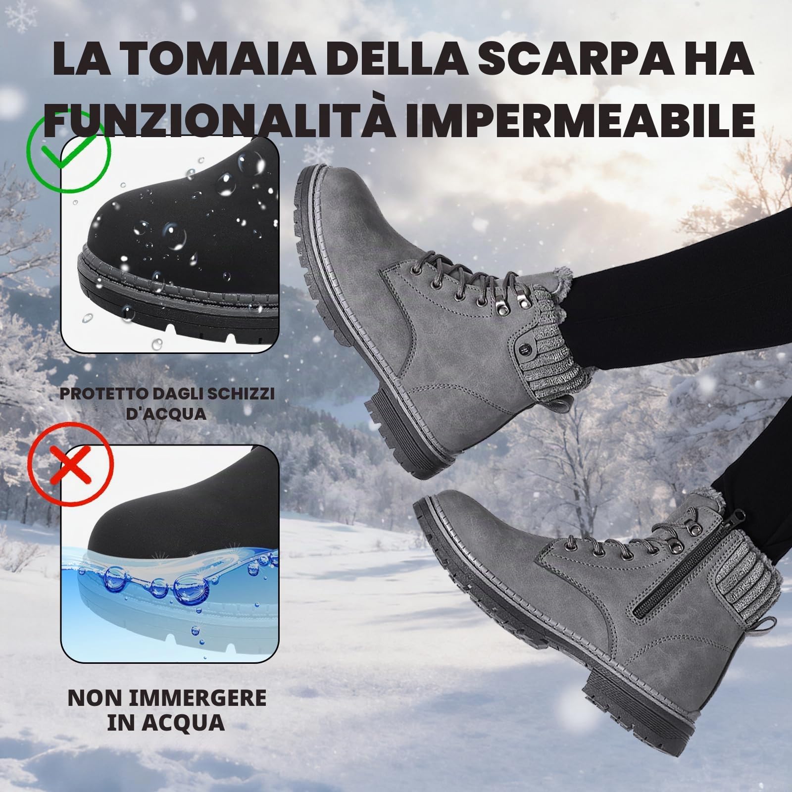 Stivali Donna Inverno Scarpe da Neve Impermeabili Stivaletti Pelliccia Stringate Outdoor Stivali da Trekking Caldi Snow Boots GR.37-42 Grigio-1 40EU