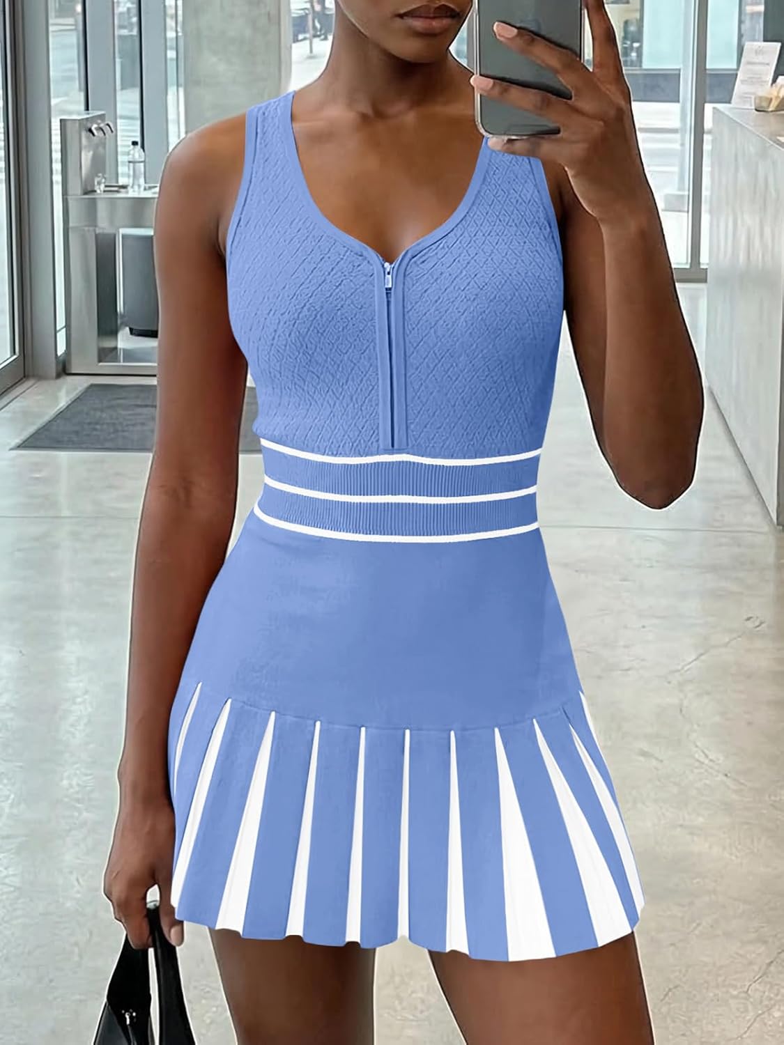 Fisoew Womens Tennis Mini Dress Summer Sleeveless Half Zipper Elastic Waist Athletic Workout Knit Pleated Dresses