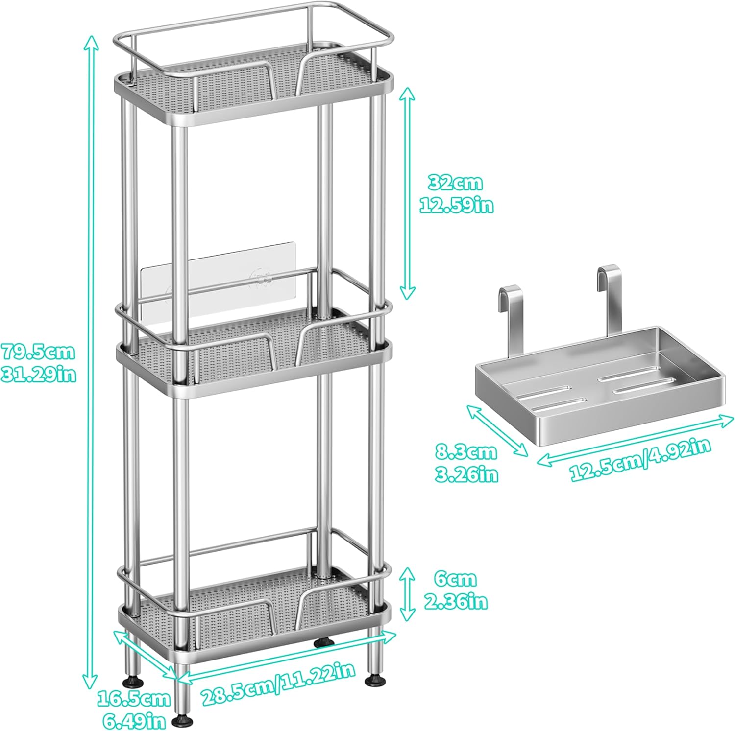 HapiRm Standing Corner Shower Caddy - 3 Tier Corner Shower Organizer with Soap Holder, Rustproof Stainless Steel Bathroom Shelf with 4 Hooks, Silver