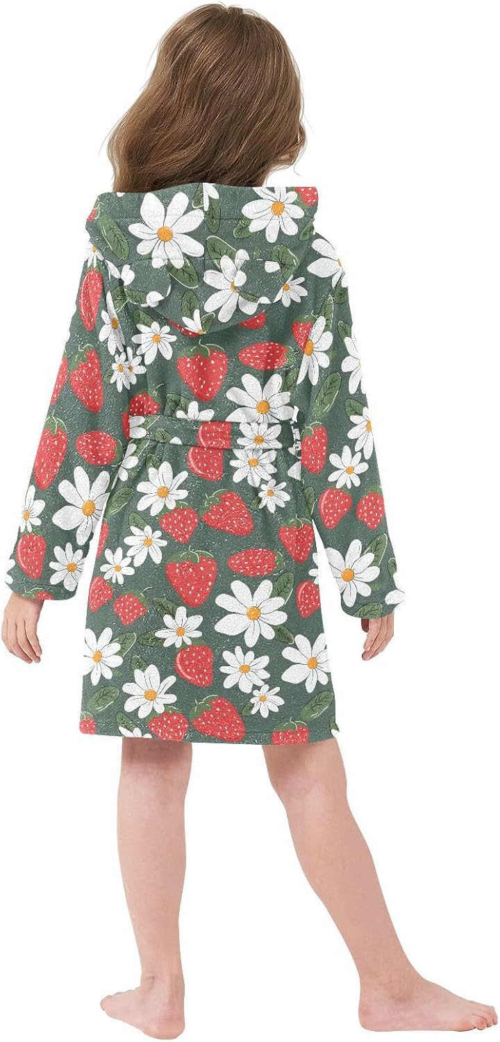 senya Strawberry and White Flower O Toddler Hooded Bathrobe Kids Soft Plush Bath Towel Robes for Boys Girls 2-12 Years
