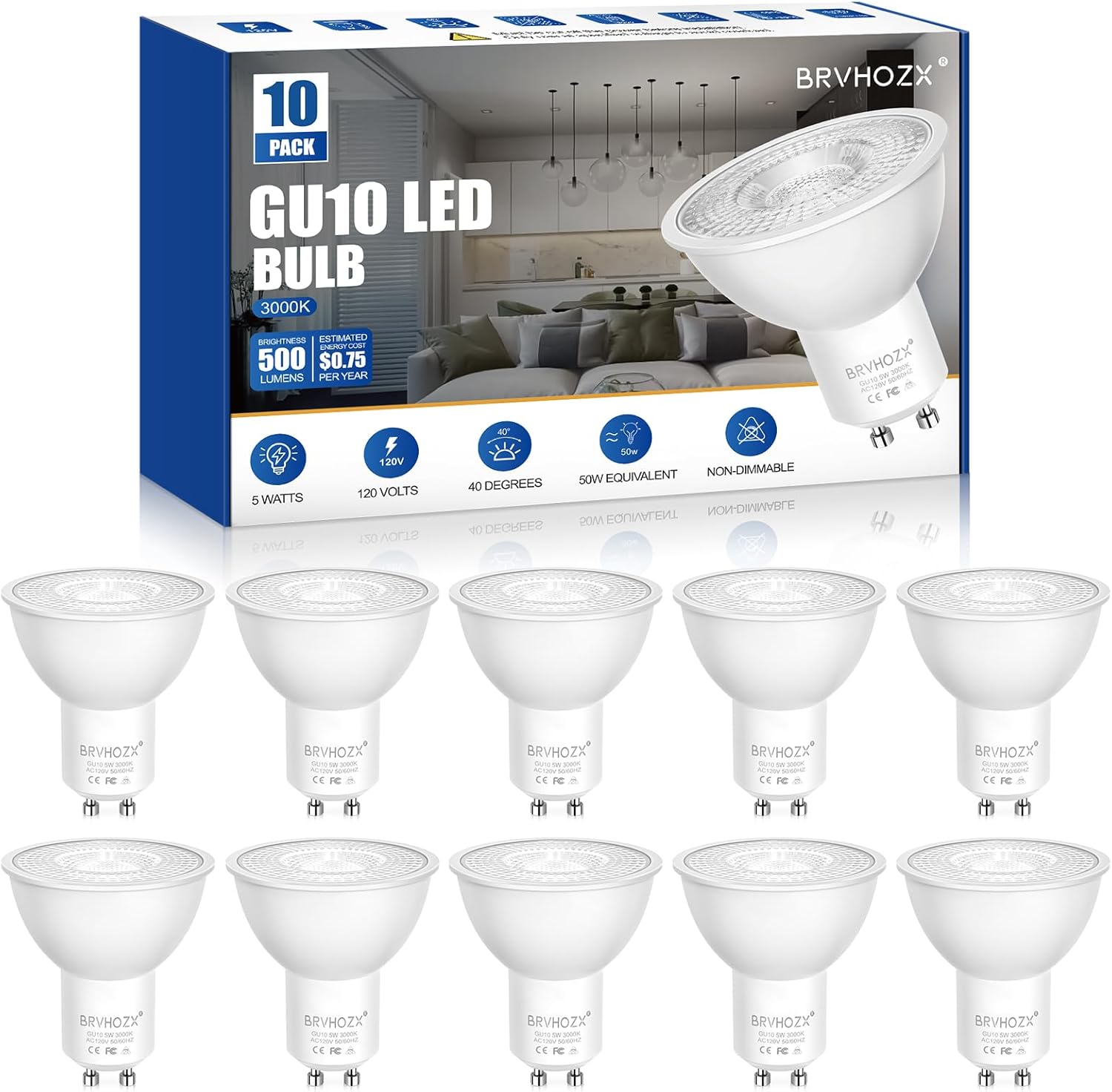 GU10 Led Bulbs, 3000K Warm White, 5W, 500LM Spotlight Bulb, Equivalent to 50W Halogen, No Flicker, Non-Dimmable, 40° Beam Angle, 120V, Base GU10 Light Bulbs for Home Lighting-10Pcs