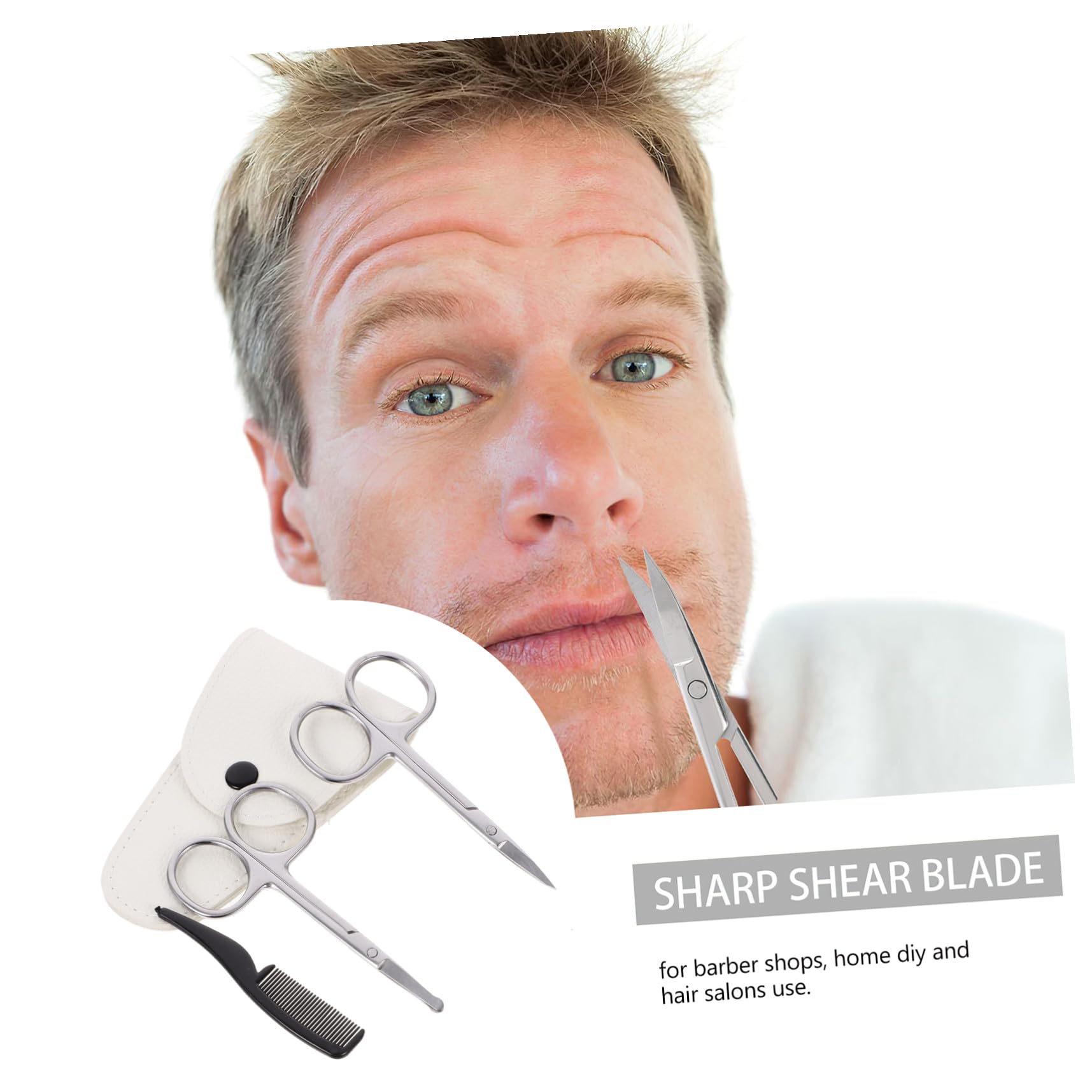 Juego de Tijeras para Vello Facial y Bigote 4 Piezas Acero Inoxidable | Blanco, Precisión de Corte y Formato Portátil, Uso en Casa o Salón, Incluye Funda para Transporte