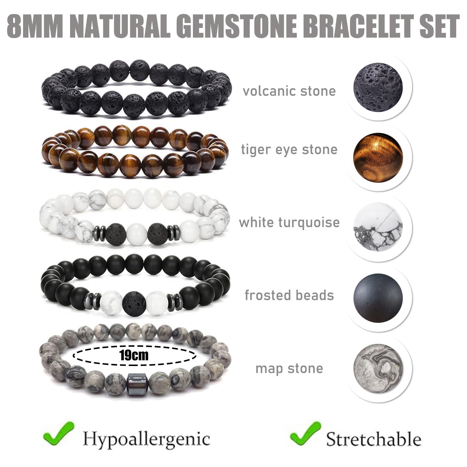 Bracciale 5 Pezzi in Pietre Naturali - Occhio di Tigre 8MM, Pietra Lavica, Ossidiana Nera - Braccialetto Gioielli per Uomo Donna Regalo Personalizzato