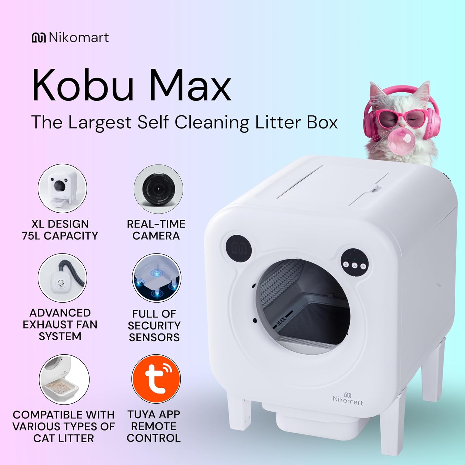 Automatic Litter Box 75L Extra Large Capacity for Multiple Cats - Self-Cleaning Litter Box with Camera, Intelligent Exhaust System, Safety Sensors and App Control for Your Smart Home