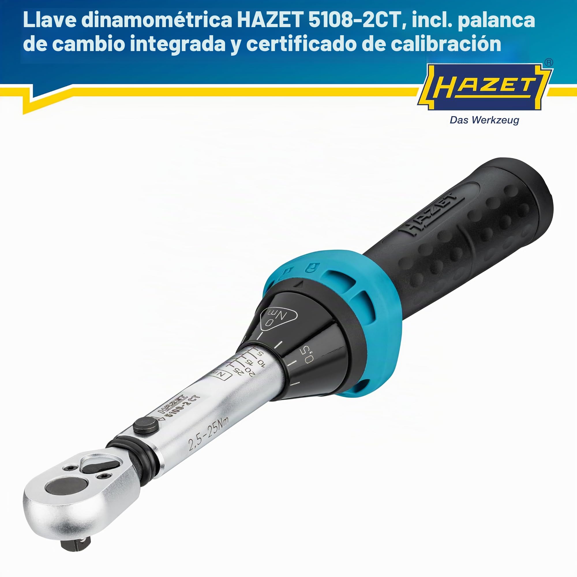 Llave dinamométrica HAZET 5108-2CT para bicicletas I Salida: cuadrada 6,3 mm 1/4 pulgada, tolerancia: 4%, 2,5-25 Nm, graduación fina I Carraca reversible, para bicicletas 232 mm