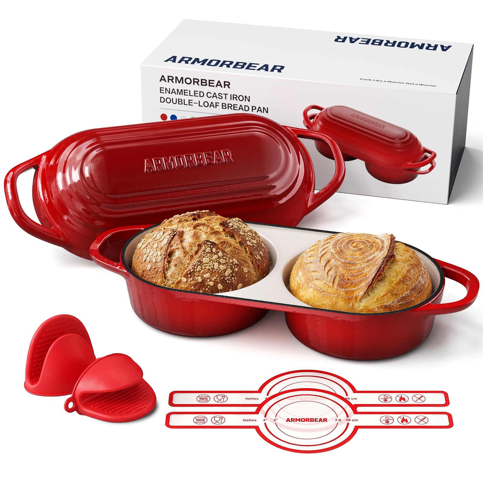 Armorbear Gusseisen-Brotbacktopf für Sauerteig, Double Dutch Oven, Rot | Für 2 Brote gleichzeitig, Gusseisen Topf zum Brotbacken mit Deckel, emaillierte Doppel-Brotbackform für Sauerteig
