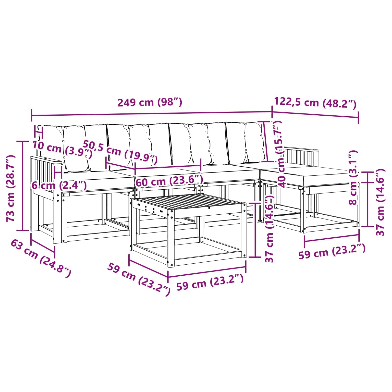 Outdoor-Sofagarnitur 6-teilig, wetterfestes Akazienholz und Textilene, modulare Sitzgruppe für Garten, Terrasse, Balkon, modernes Design, langlebige, Pflegeleichte Sitzmöbel, inklusive Tisch
