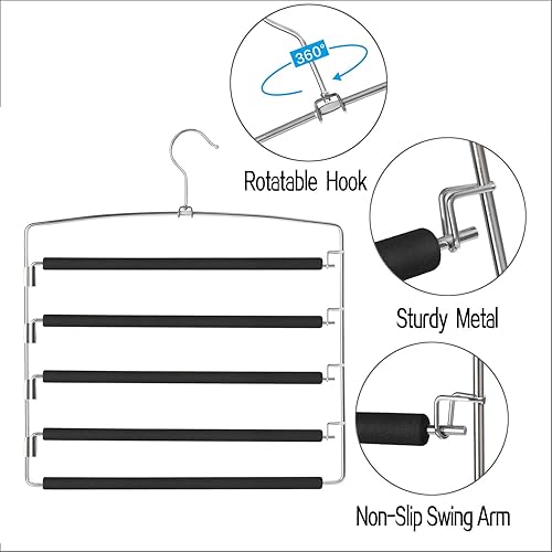 Miniatura 3 de Perchas para pantalones de 5 capas de acero inoxidable antideslizante de espuma acolchada con brazo oscilante para ahorrar espacio, perchas para