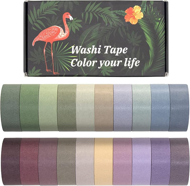 Mooker 20 Rolls Washi Tape Set, Colored Masking Tape, Decorative Nature Colored Tapes for Arts, DIY Crafts, Bullet Journals, Scrapbooking - 15mm Wide
