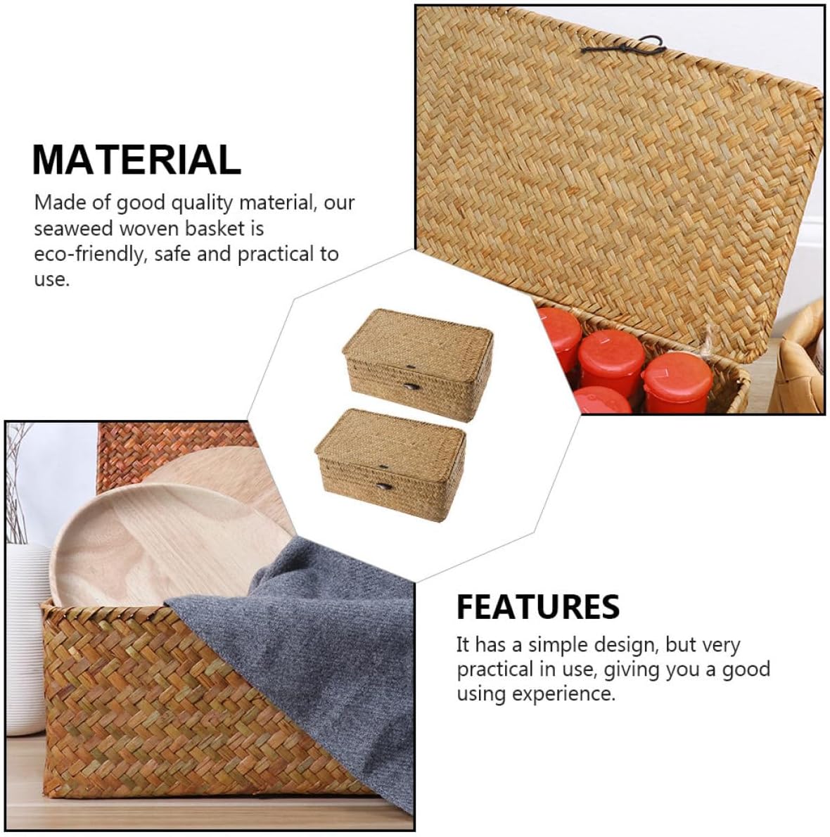 Operitacx Seaweed Storage Basket with Lid 2pcs Set, Handwoven Woven Organizer Boxes for Closet and Pantry, Medium (26x16x10cm) and Large (29x19x12cm) Storage Containers