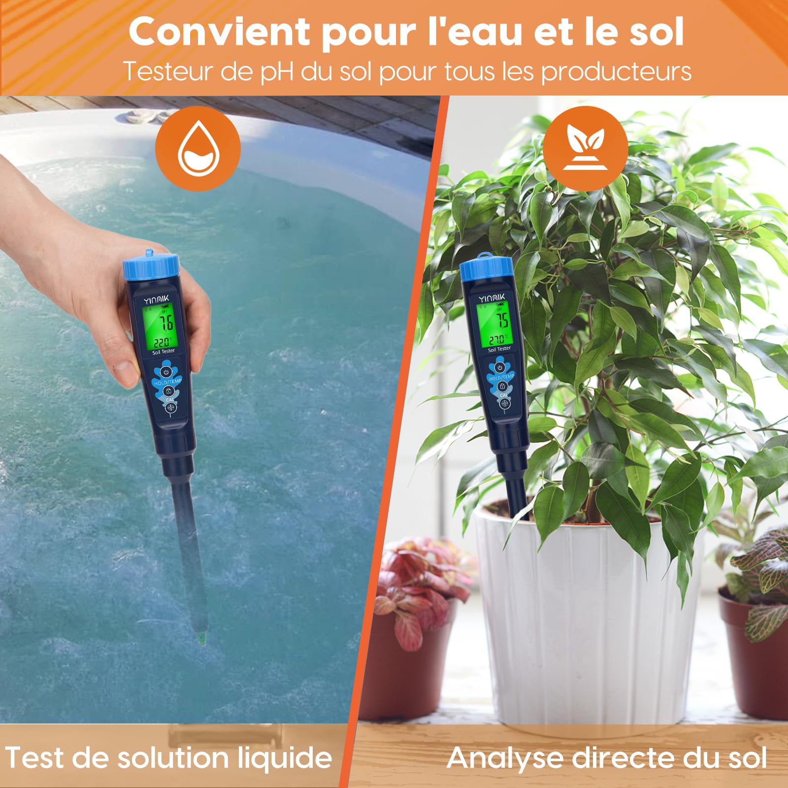 YINMIK pH Mètre de Sol Électronique, Testeur pH de la Terre pour Alimentaire, Eau, Mesurer Le pH des Plantes, Jardin, Fermes, Cours, Pâte Fermentée, Piscine, Aquarium, Brassage