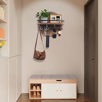 Key Holder Wall Mount Wooden, Key Rack with Shelf and 6 Key Hooks, 11.8 Inch Rustic Key and Mail Organizer, Circular Wooden Key Hanger for Entryway Hallway Kitchen (Brown)