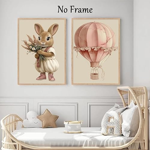 Miniatura 6 de Lienzo de globo aerostático para pared, diseño de conejito estético rosa, acuarela, cuarto de bebé, arte de pared de gato, conejo con flores,