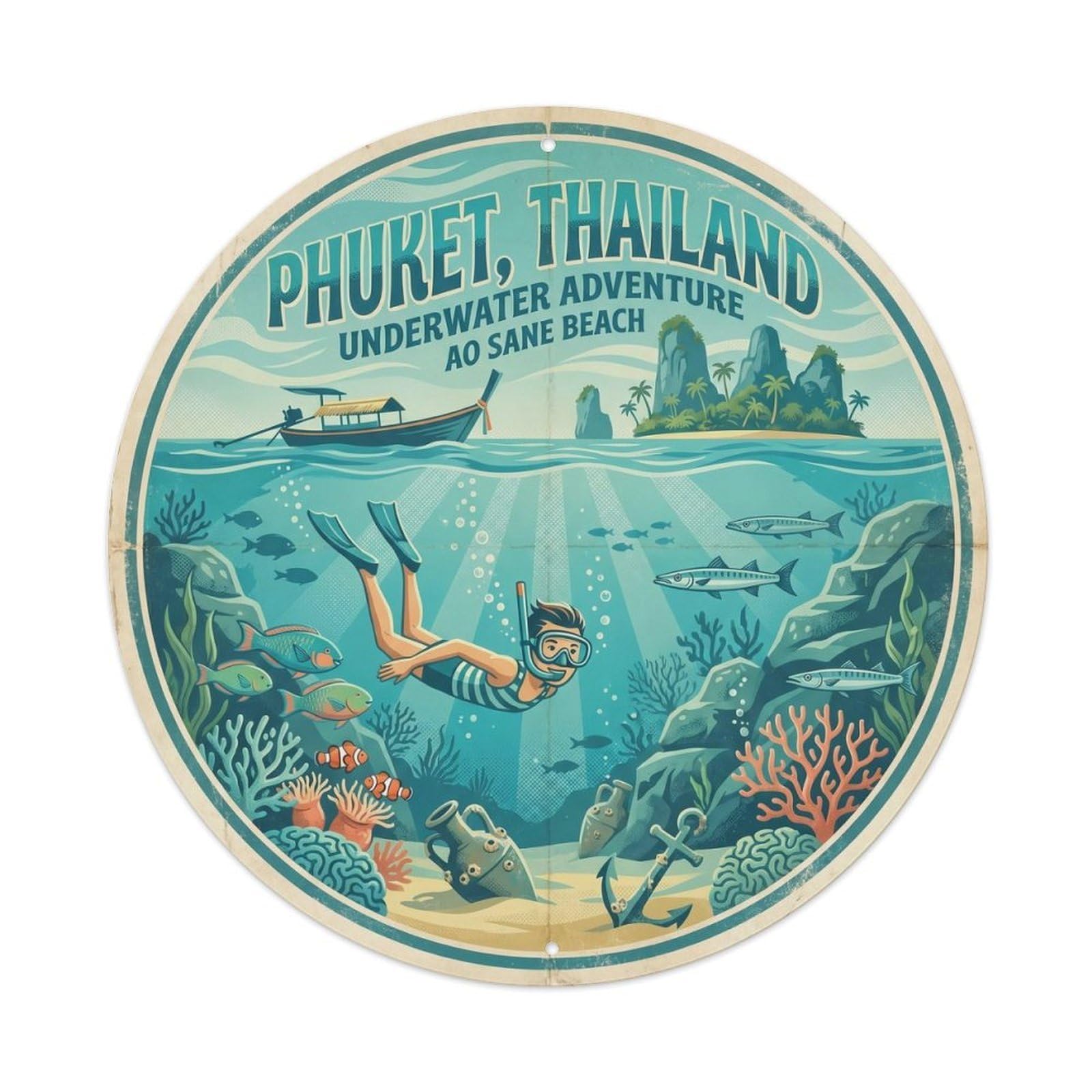 Phuket Ao Sane Beach Snorkeling Coastal Viewpoint Vintage Metal Tin Sign Plaque Wall Decor for Cafe, Club Bar, Office, Garden Metal Poster 8x8Inch