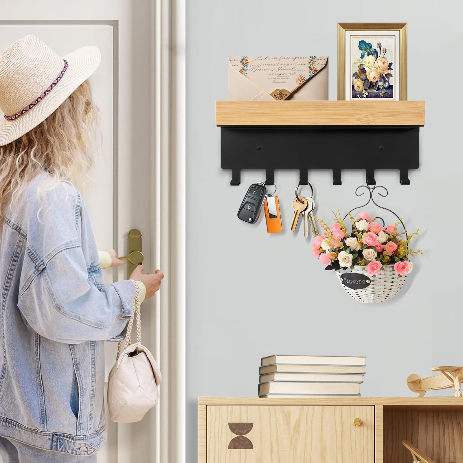 Porte-Clés En Abs En Bois Massif, Patères Mural Avec 5 Crochets Étagère Murale Range-Courrier