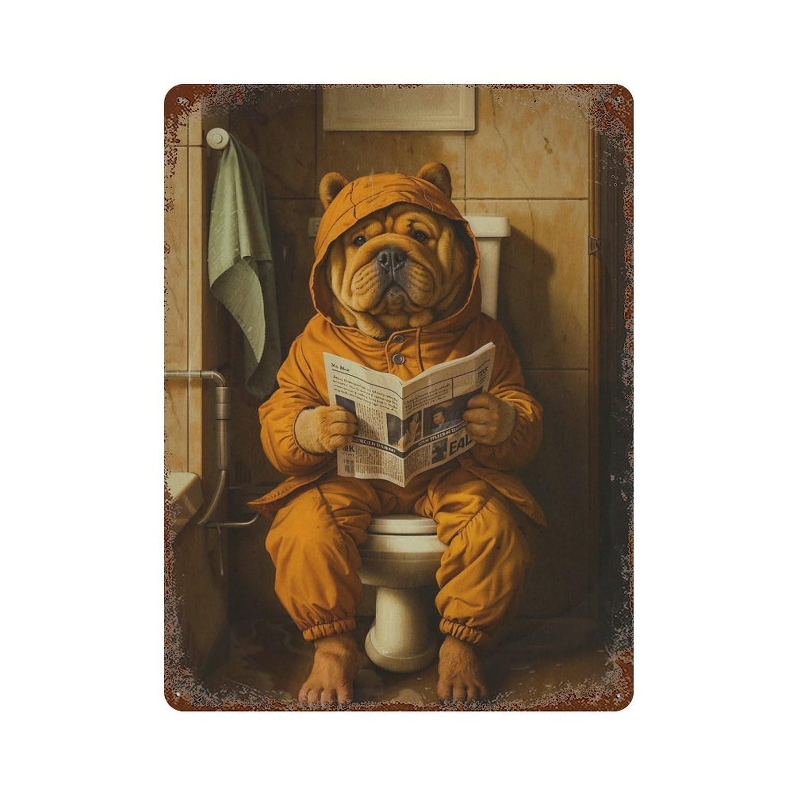 Dog Goes to The Toilet Aged Metal Wall Plaque 15.7"x11.8", Industrial Home Decor for Pub, Kitchen And Man Cave Decor