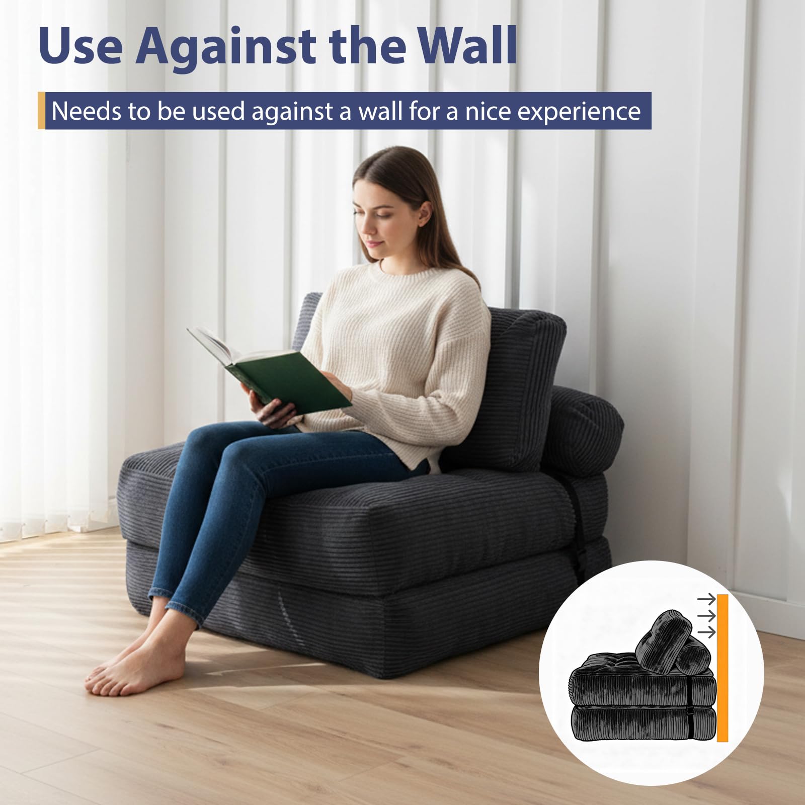 Canapé-lit Pliable et Convertible avec Oreiller, Matelas avec Support Dorsal, Fauteuil-lit Portable et Confortable pour Salon, Chambre à Coucher (Gris)