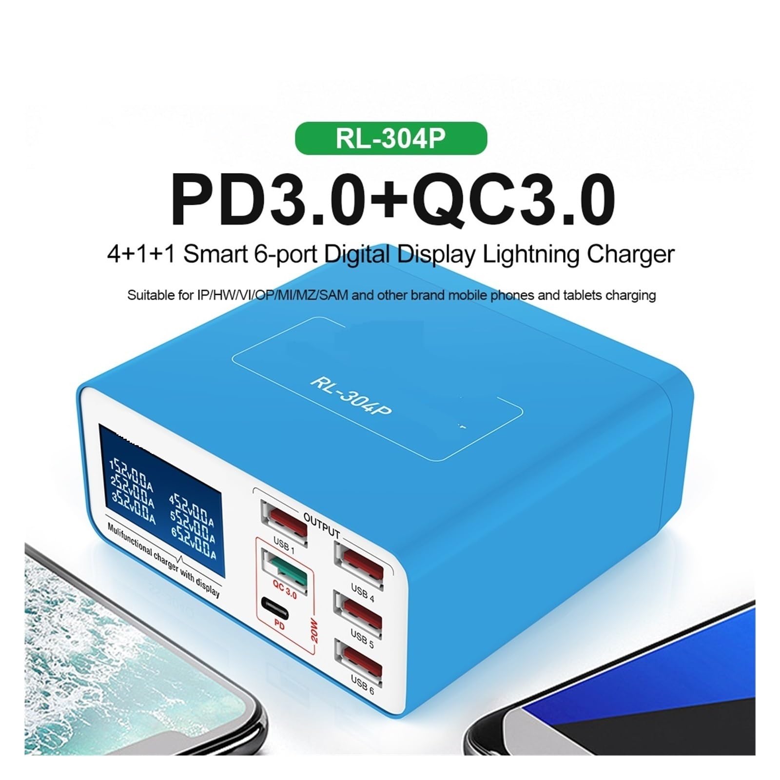 Caricatore Con Display Digitale USB Intelligente A 6 Porte PD3.0 + QC3. For Tutti I Telefoni Cellulari E Supporto Di Ricarica For Tablet Capacità Di Ricarica Rapida