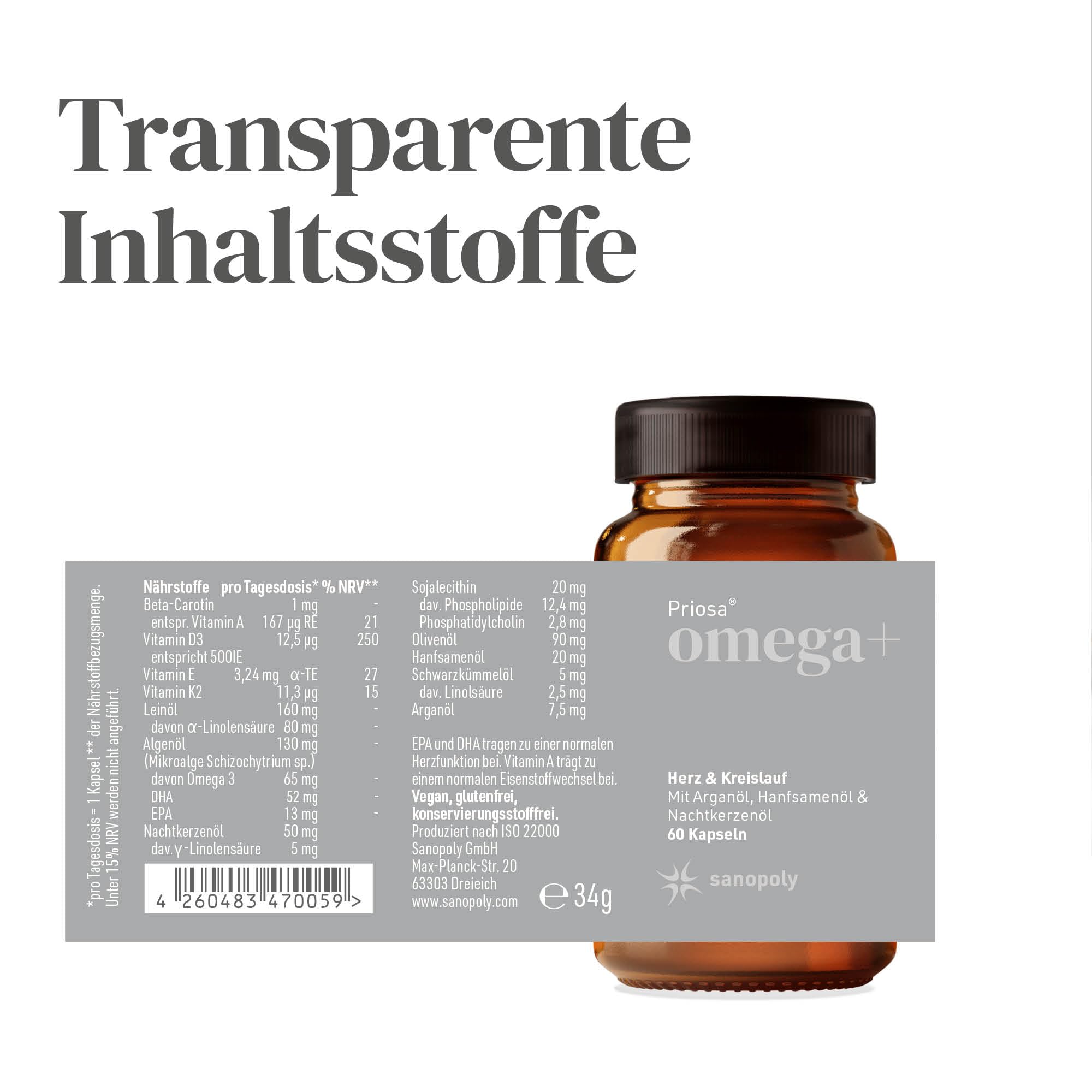 Priosa® omega+ 60 vegane Kapseln I Mit Omega-3 & Omega-6 Fettsäuren, Vitamin A + D + E + K2 & raren Ölen I Wichtige Fettsäuren