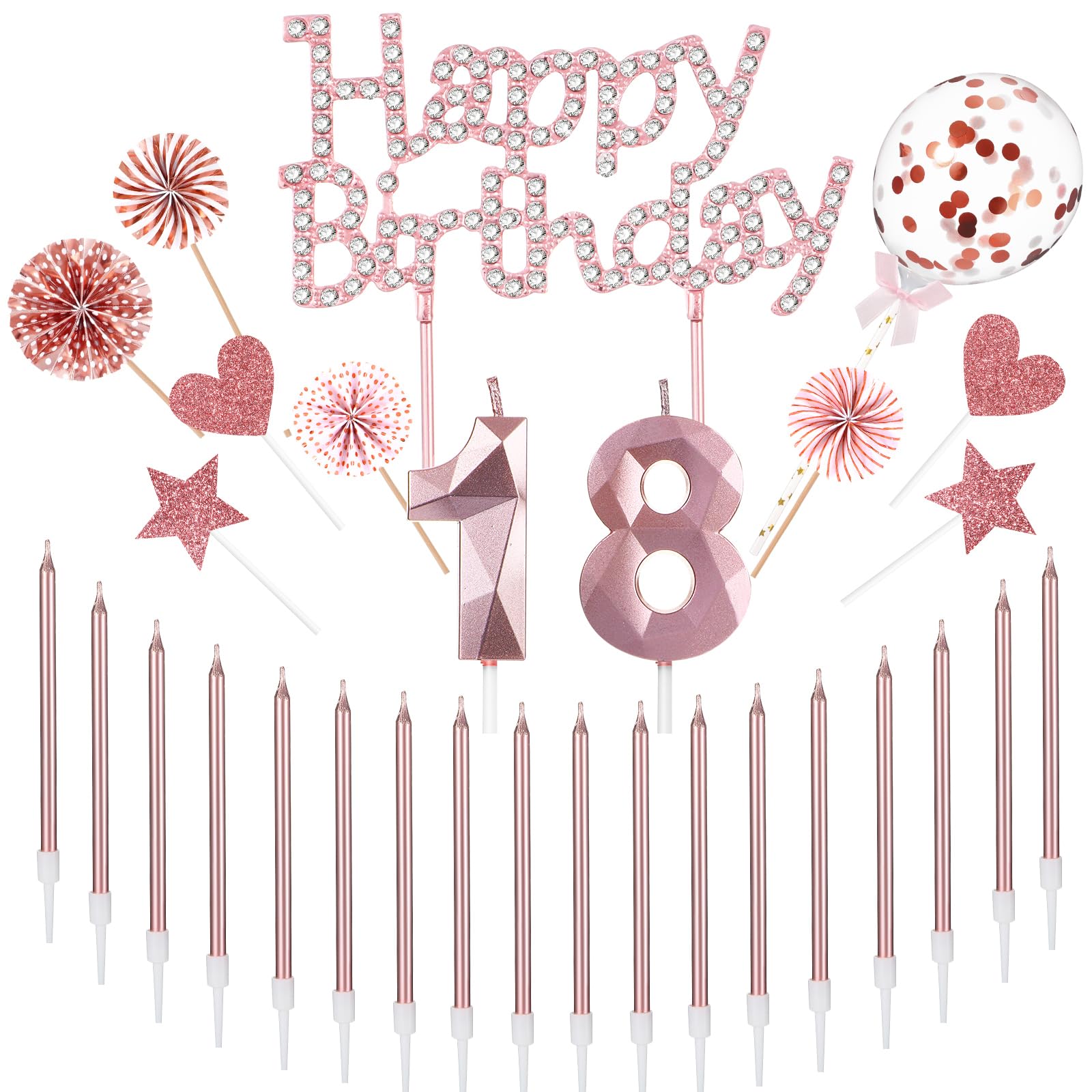 Yerliker 29 Pcs 18th Birthday Cake Decorations Rhinestone Glitter 18th Cake Toppers Candles DIY Decor for 18th Birthday Anniversary Party Supplies(