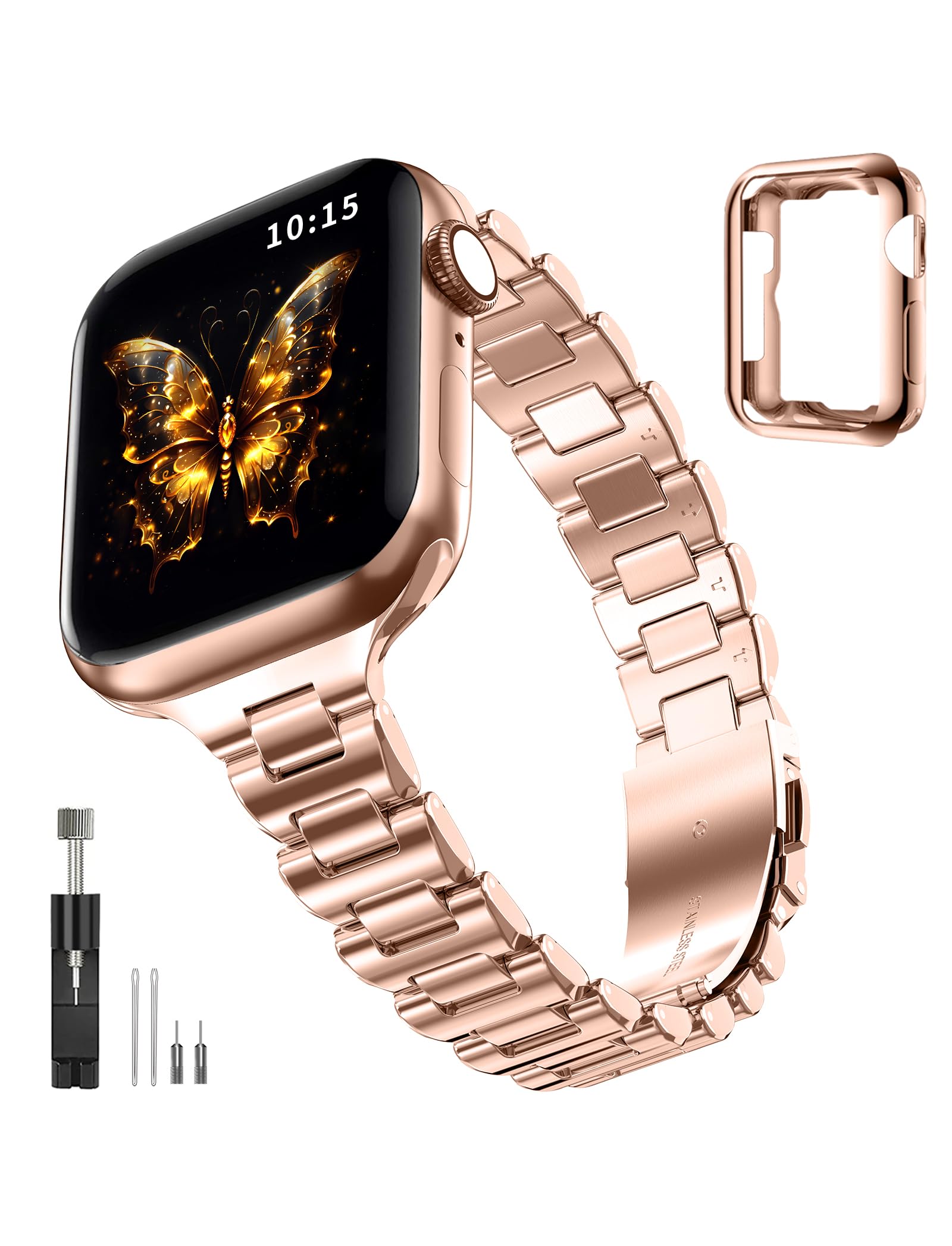 maenwvo Compatible with Apple Watch Band for Women, Stainless Steel Metal iWatch Bands with Case for Apple Watch Series 9/8/7/6/5/4/3/2/1/SE Luxury